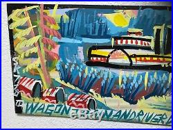 Outsider Art Oil Painting Signed Wagon Train and River Boat Set Very Cool